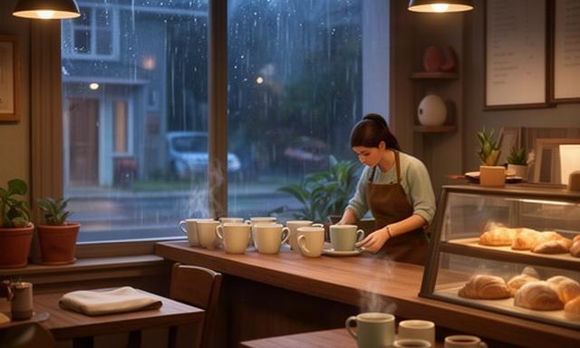 A warm neighborhood cafe at closing time, with a barista setting out mugs beside a rain-speckled window