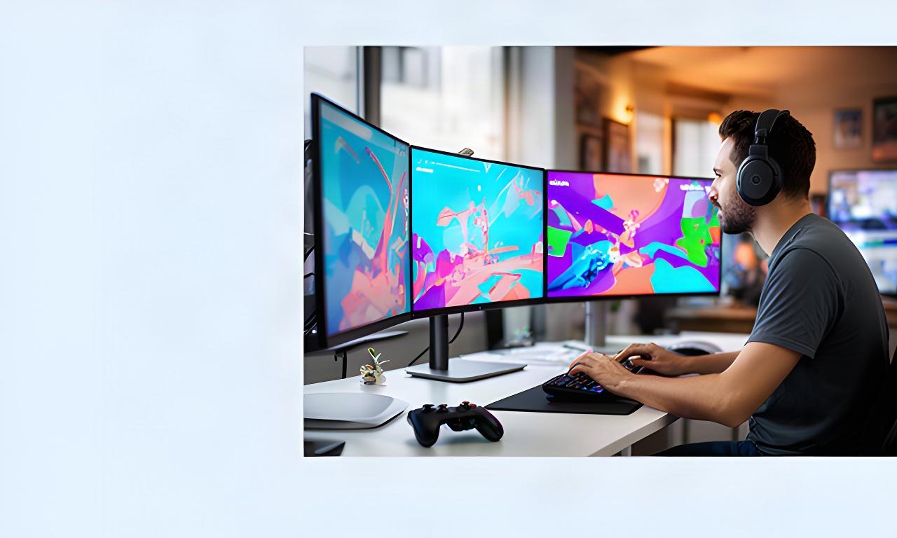 Game developer reviewing a colorful computer game build at a workstation in a Los Angeles studio