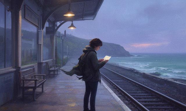 A lone traveler reading a letter at a quiet coastal train platform under soft evening lights