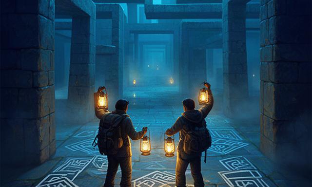 Two explorers holding glowing lanterns in a blue stone maze, tracing a path between patterned floor tiles