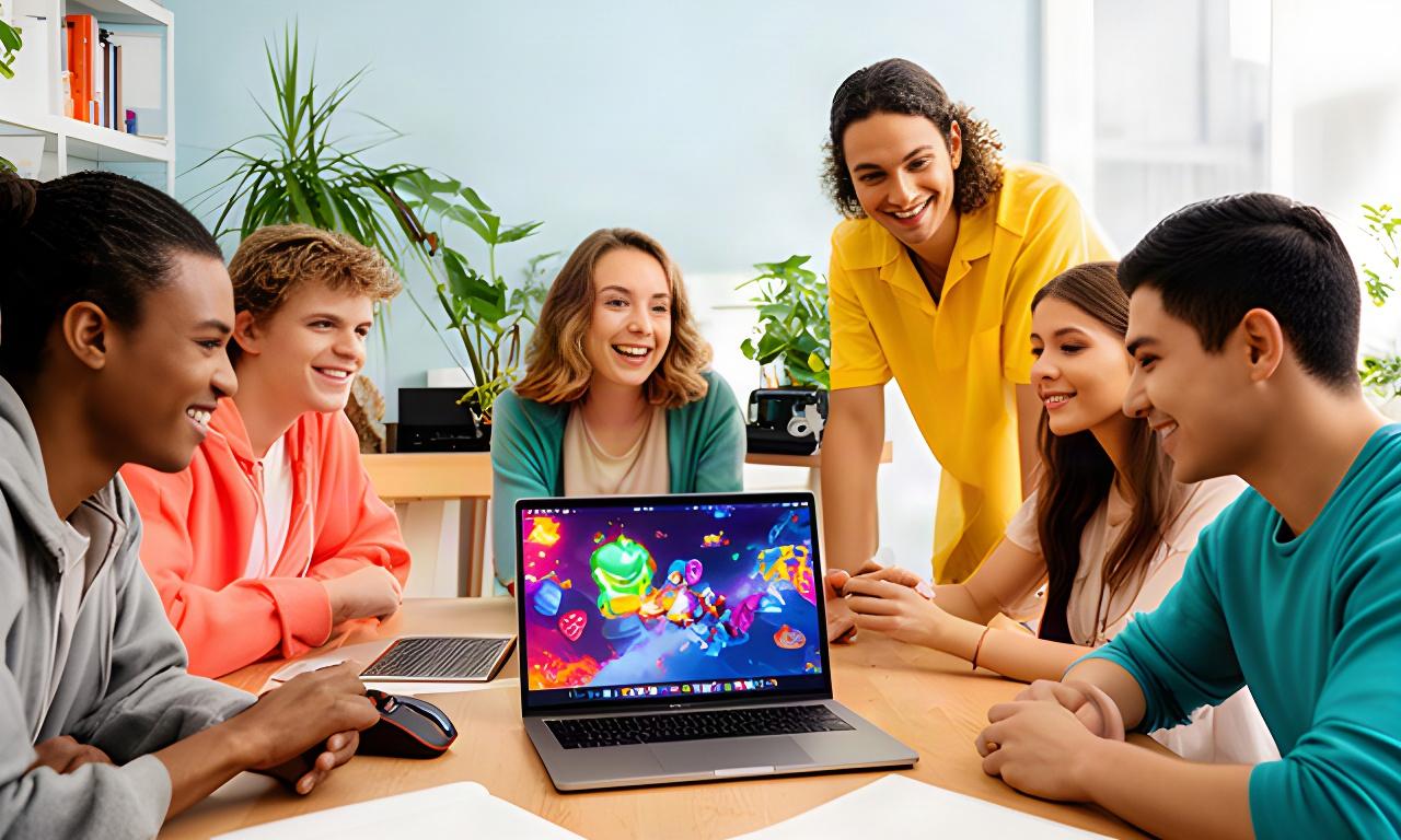 Players gathered around a laptop in a bright Los Angeles studio, exploring a colorful browser game together