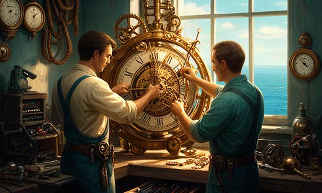 A pair of mechanics adjusting a brass tide clock beside a workshop window overlooking the sea