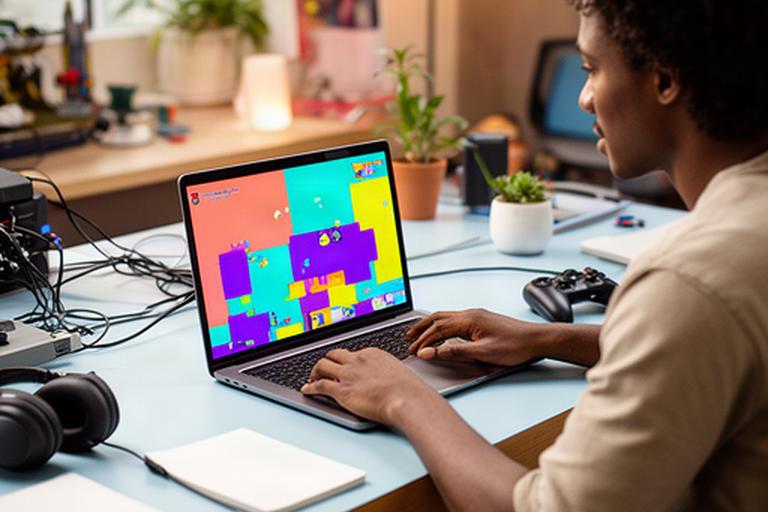 Player testing a colorful online game on a laptop at a Los Angeles studio desk