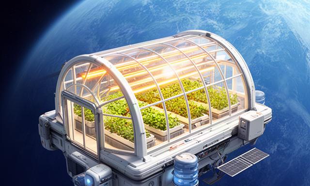 A small greenhouse station orbiting a blue planet, with rows of crops visible through its glass panels